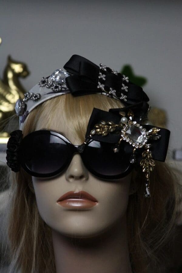 1309 Baroque Elegant Grey Crystal Bow Headband - Image 4