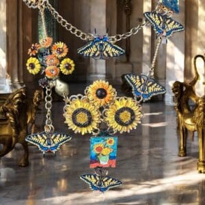 A group of sunflowers hanging from chains in the middle of a room.