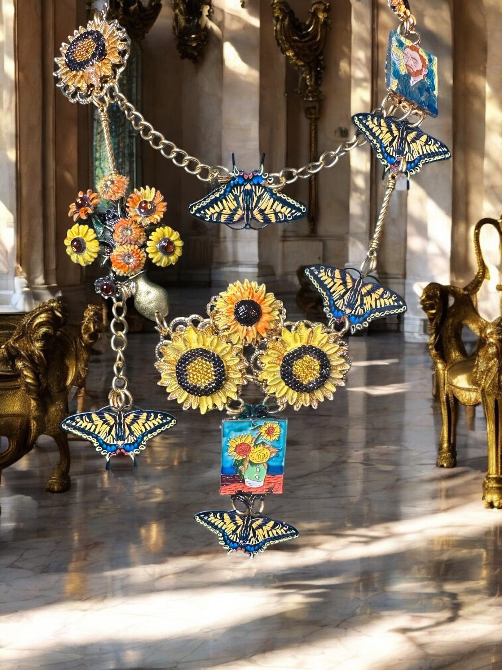 A group of sunflowers hanging from chains in the middle of a room.