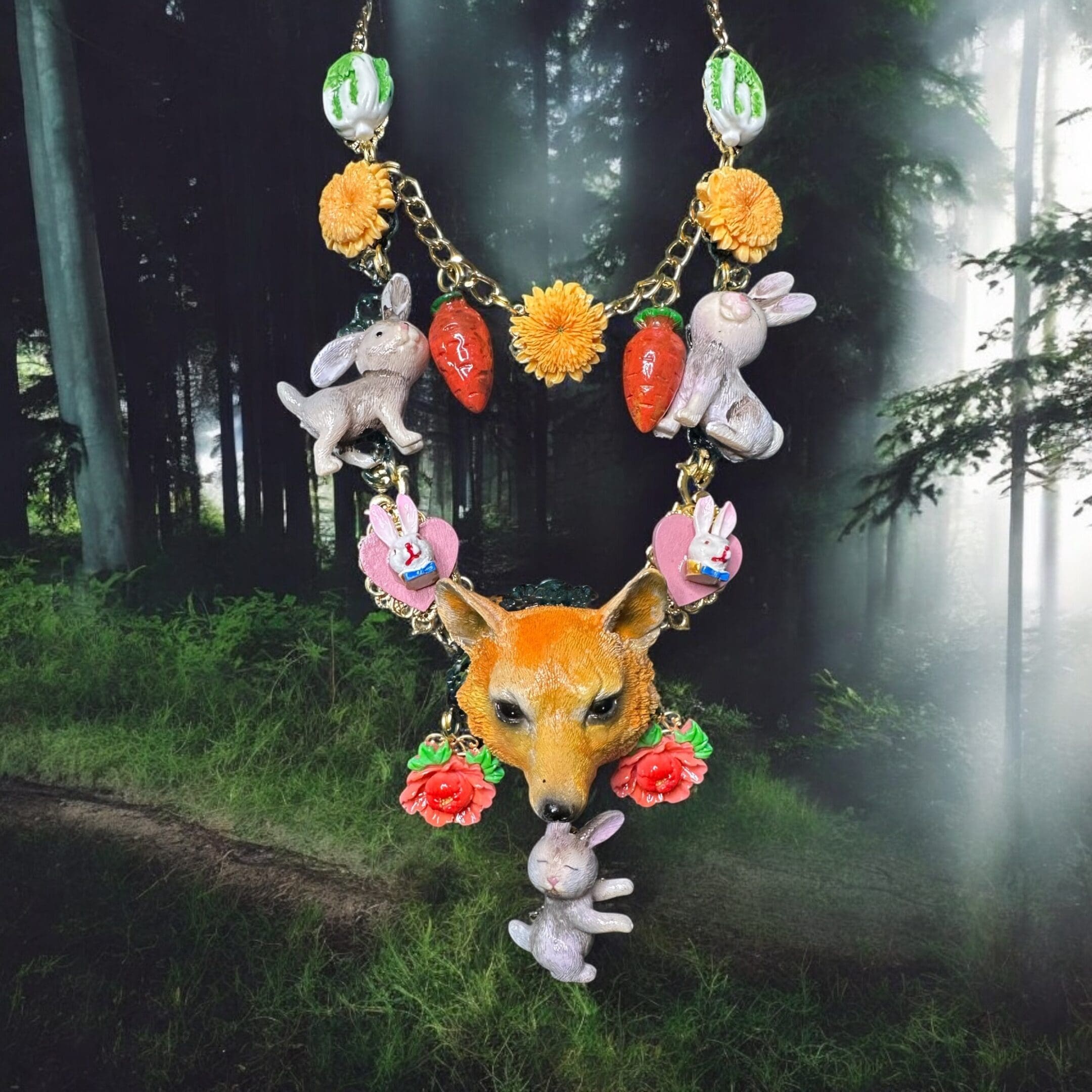 A necklace with animals and flowers hanging from it.