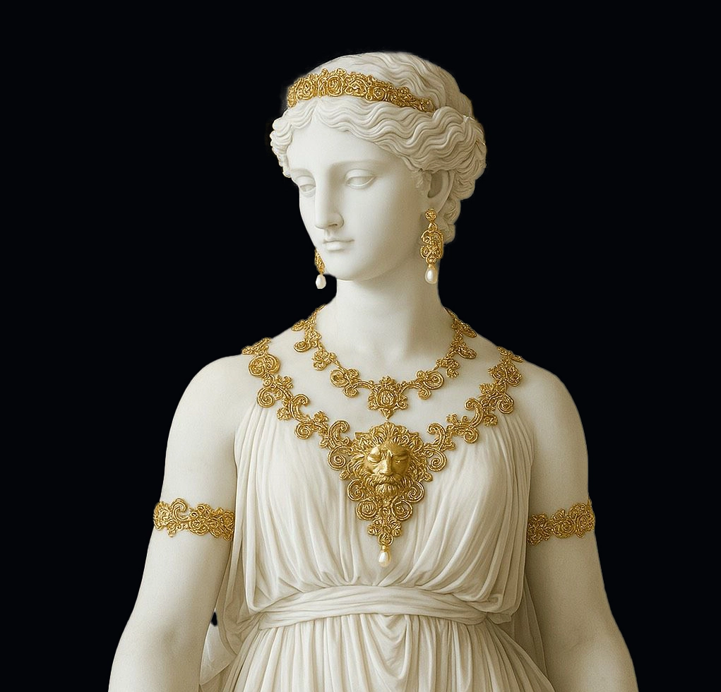 mobile hero A statue of a woman wearing white and gold.