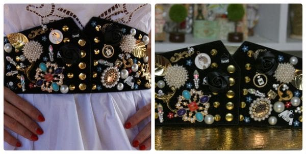 A close up of two different bags with buttons and jewels