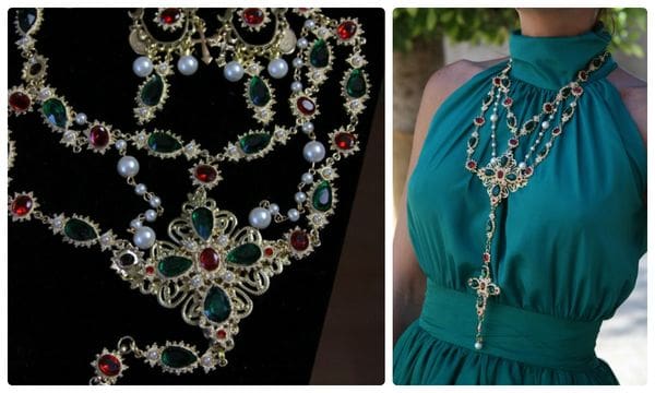 A necklace and a dress with a green dress