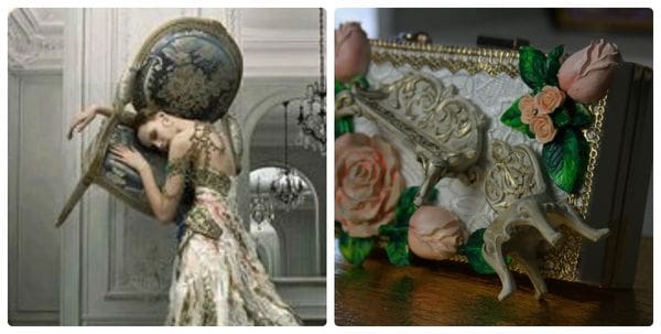 A woman in an elaborate dress and a purse