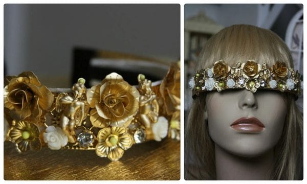 A collage of photos with a woman wearing a gold flower crown.