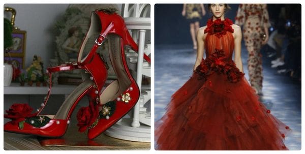 A red shoe and a dress on display