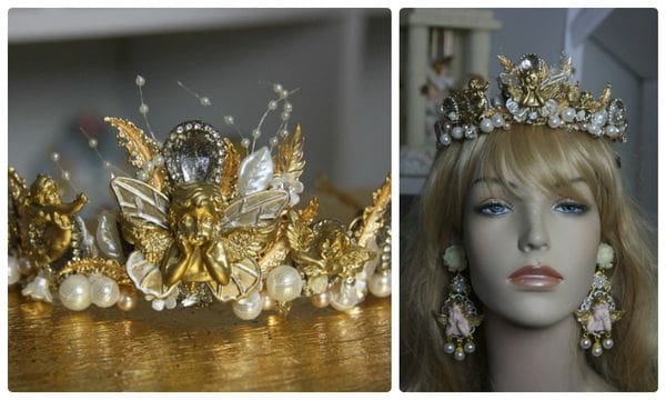 A collage of two photos with a mannequin and a tiara.