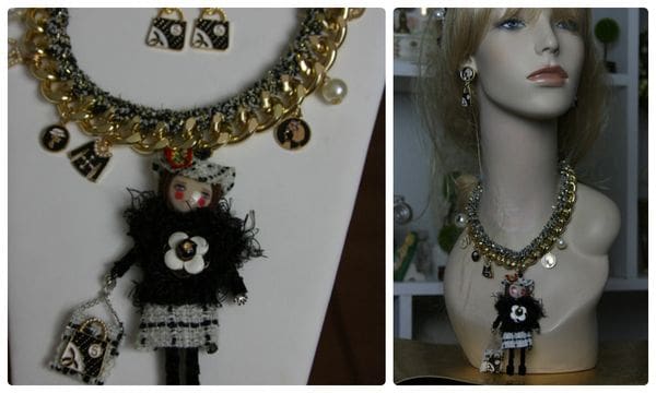 A collage of photos with a mannequin wearing jewelry.