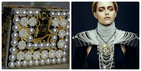 A woman wearing pearls and a gold chain.