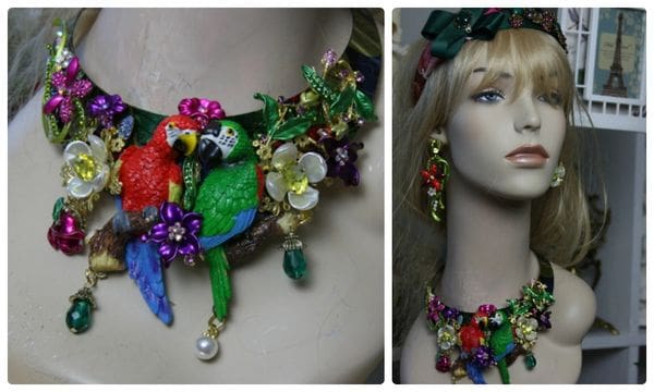 A collage of two pictures with a mannequin wearing jewelry.