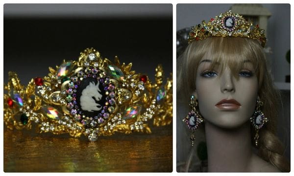 A collage of photos with a tiara and earrings.