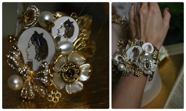 A collage of two pictures with the same bracelet.
