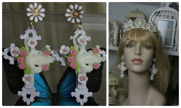A collage of two photos with a woman wearing a tiara and earrings.