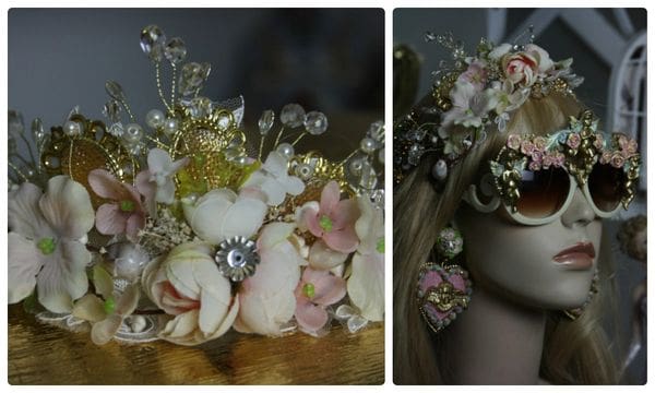 A collage of two pictures with flowers and pearls.
