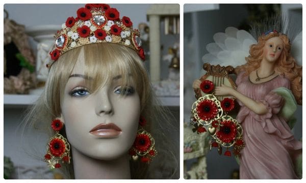 A collage of photos with a mannequin wearing a crown and earrings.