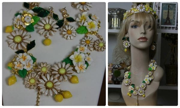 A collage of photos with a mannequin wearing jewelry.