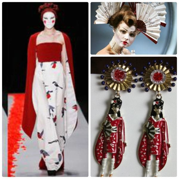 A woman in red and white dress next to two pairs of earrings.