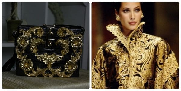 A woman in gold and black outfit with a purse.