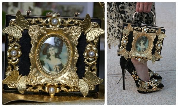 A gold frame with a picture of a woman in it.