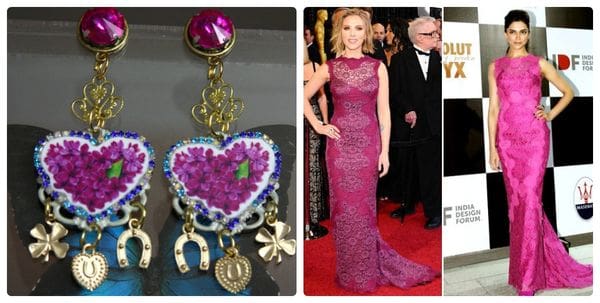 A collage of pictures with the woman wearing a pink dress.