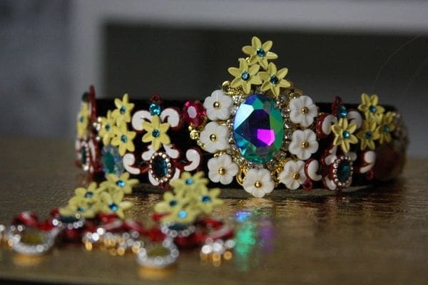 A close up of a tiara on top of a table