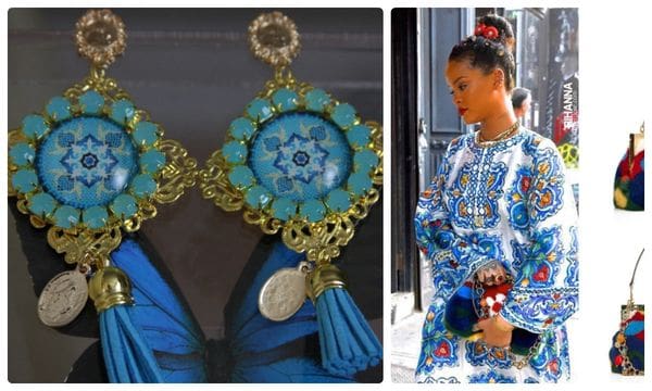 A woman in blue dress and earrings next to a picture of her.