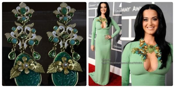 A collage of pictures with a woman wearing green and gold.