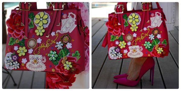 A close up of the side and front views of a bag