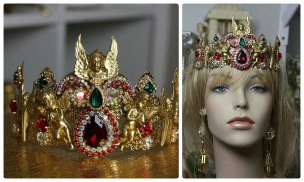 A collage of two pictures with a woman 's head and a crown.