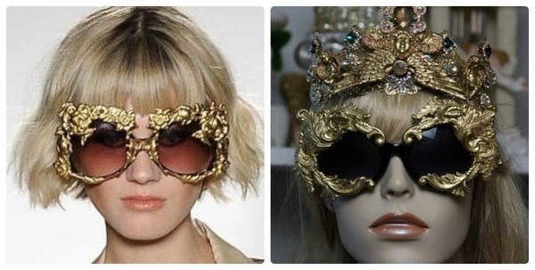 A woman wearing gold sunglasses and a wig.
