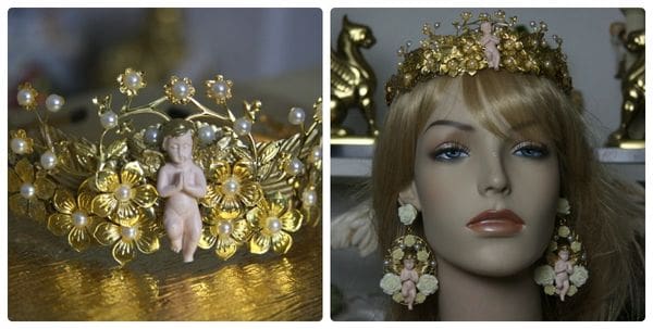 A collage of two pictures with a mannequin and some gold jewelry.