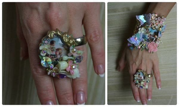 A collage of two pictures with a woman 's hand wearing a ring.