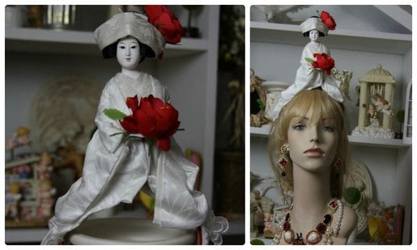 A doll with roses on it and a woman 's head.