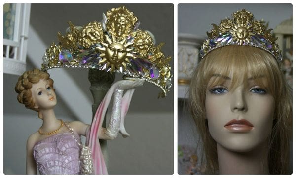 A collage of two photos with a mannequin wearing a tiara.