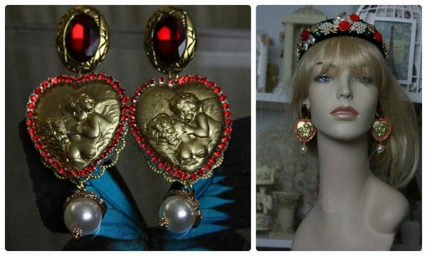 A woman wearing a head piece and earrings.