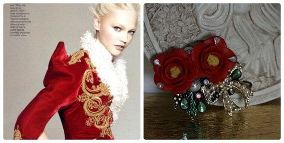 A woman in red and white dress next to two pictures of flowers.