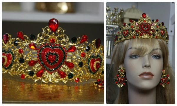 A collage of photos with a tiara and earrings.