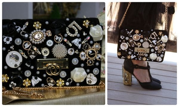 A black purse with gold and white buttons on it