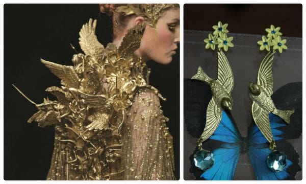 A woman in gold dress and a person with blue outfit