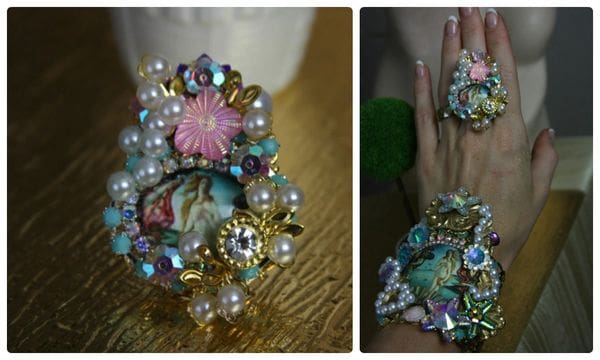 A collage of photos with a ring and bracelet.