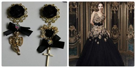 A woman in black dress and a cross brooch