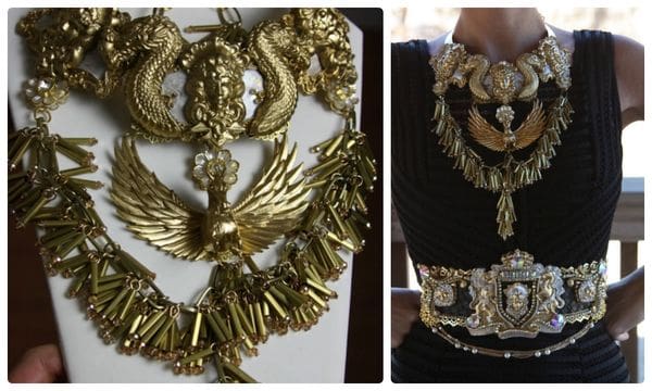A collage of two pictures with gold jewelry.