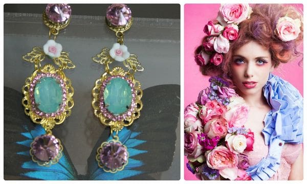 A woman with flowers in her hair and a pair of earrings