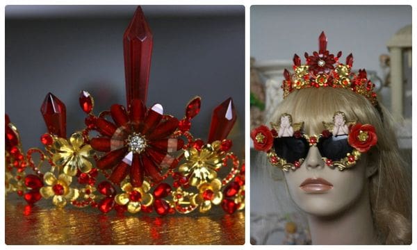 A collage of photos with a red crown and sunglasses.