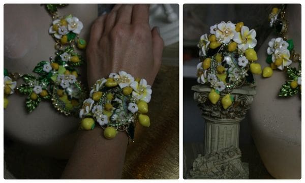 A woman wearing a bracelet with flowers and beads.