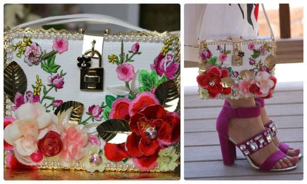 A collage of photos with flowers and a pink purse.