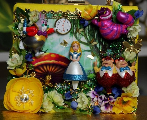 A close up of a bag with flowers and decorations