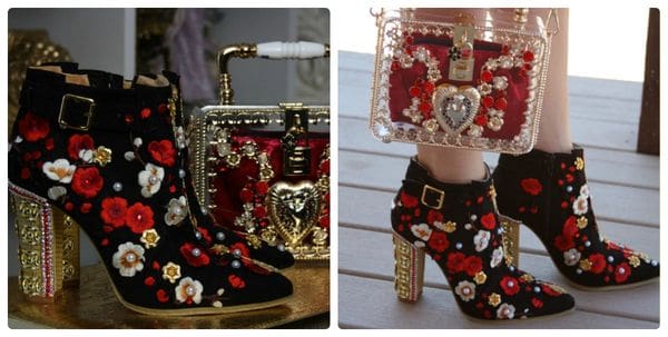 A collage of pictures with shoes and bags