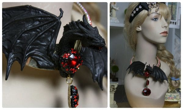 A collage of pictures with a dragon ornament and a doll.