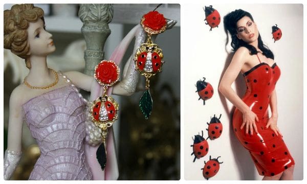 A woman in red dress and some lady bugs